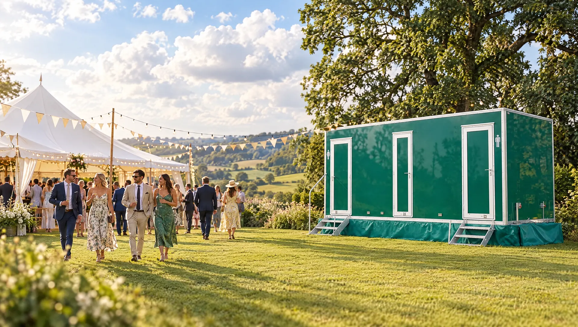 Wedding guests on the lawn beside one of our luxury toilet trailers