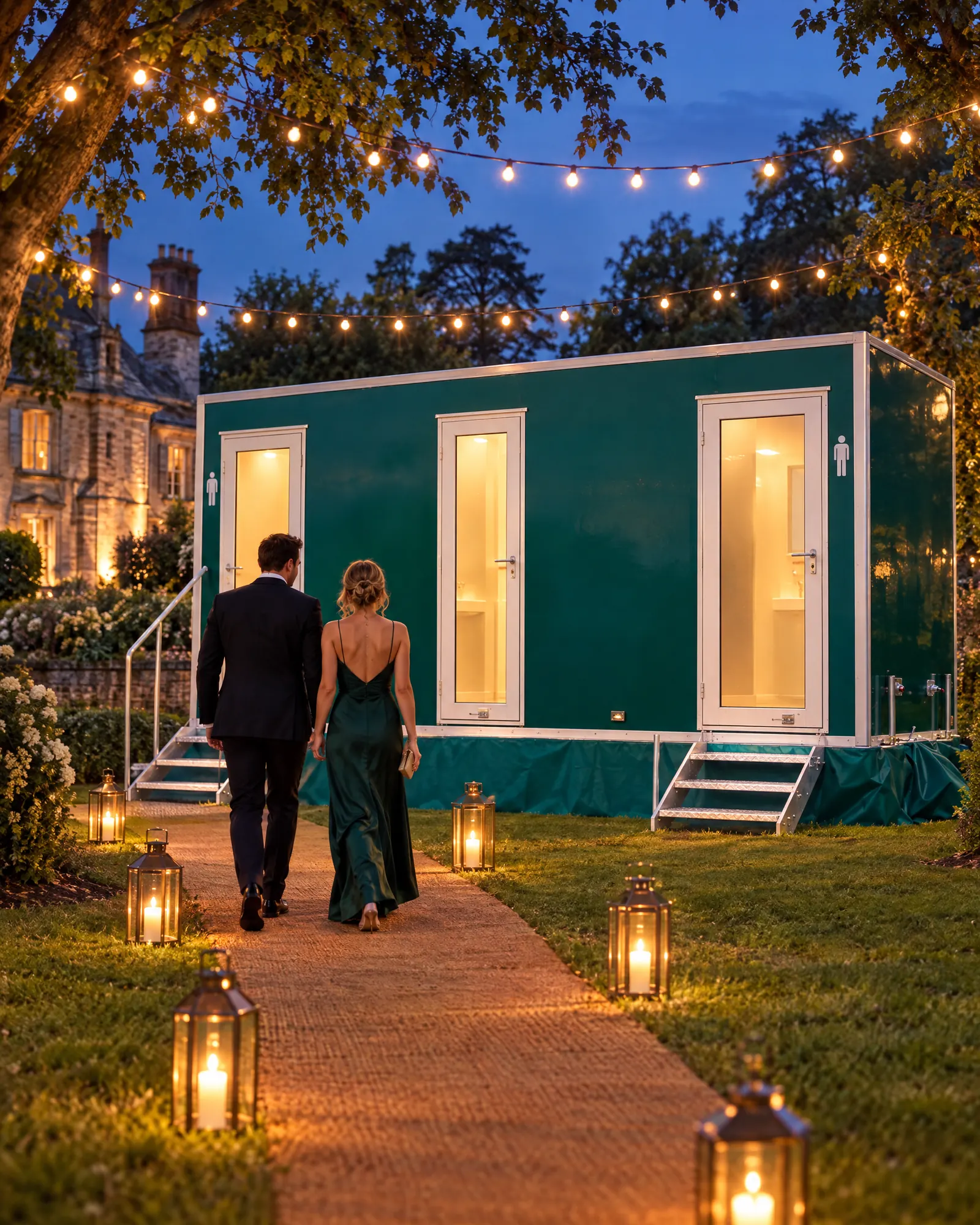 A green luxury toilet trailer lit up for an evening wedding